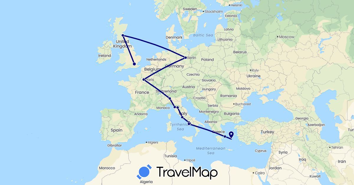 TravelMap itinerary: driving in Germany, France, United Kingdom, Greece, Italy (Europe)